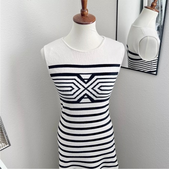 Rare La Ligne Emmanuelle Black Cream Striped SMALL Midi Day Dress Geometric $295 - Picture 6 of 15